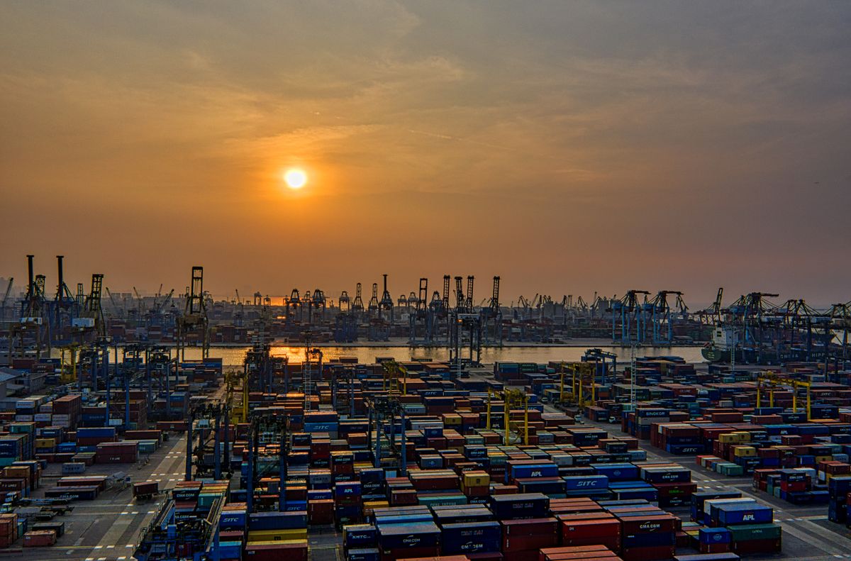 Container terminal illustrating international trade and shipment coordination
